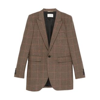 Saint Laurent Enkelrijige jas met &eacute;&eacute;n knoop - Dames - Blazers - Bruin - L - Katoen - Jassen