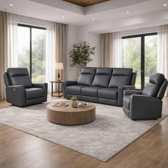 Aspire Home Accents Rivington Real Leather Power Recliner 3+1+1 Sofa Set with USB Charging in Charcoal