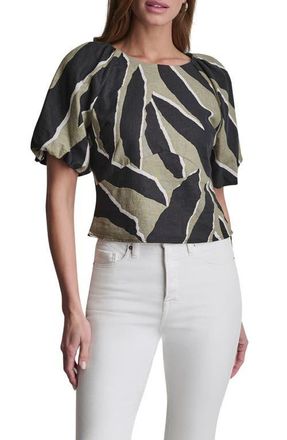 DKNY Abstract Print Puff Sleeve Linen Blend Top in Jungle Block at Nordstrom, Size X-Large