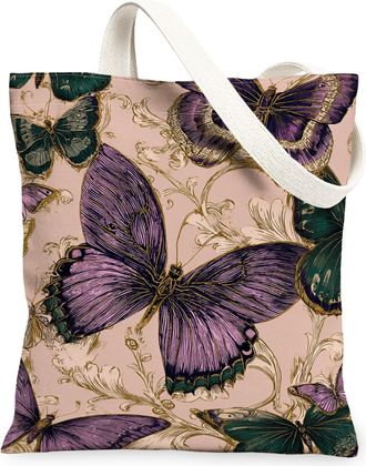 Generic Butterfly Floral Canvas Tote Bags, Vintage Elegant Design Reusable Grocery Bags, Lightweight Washable Shoulder Strap Canvas, Peach, 13x15 Inch