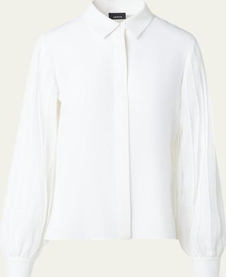 Akris Silk Crepe Pleated-Sleeve Blouse
