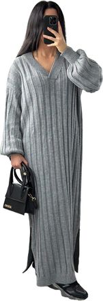 Janisramone Womens Rib Knitted Dress, Long Balloon Sleeve V Neck Maxi Dress, Warm Side Split Dress, Winter Maxi Dresses for Women UK, Casual Long Knitted Jumper D