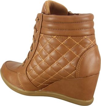 Forever Link Womens Fashion Glitter High Top Lace Up Wedge Sneaker Shoes, Tan Pu, 2.5 UK