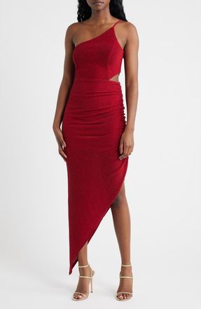 Jump Apparel Metallic Knit One-Shoulder Asymmetric Gown in Red at Nordstrom, Size X-Small