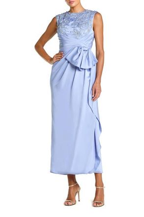 Mac Duggal Sleeveless Satin Beaded Ankle Dress With Bow in Powder Blue at Nordstrom, Size 14
