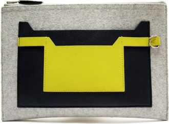 Hermès Light Gray Navy Yellow Felt Epsom Leather Clutch Bag (Pre-Owned)
