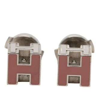 Herm&egrave;s Pre-owned Hermes Palladium Plated Enamel Cage dH Cube Push Back Earrings Ladies UBPTLCVEBVWVO036