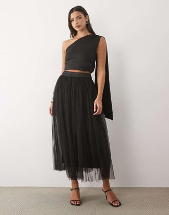 Lace & Beads gonna maxi in tulle a vita alta ampia nera-Nero