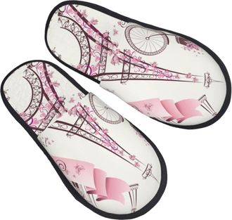 Generic Women Men Slippers Eiffel Paris Tower With Pink Flowers Bedroom Slipper Fluffy House Slippers Plush Fleece Lined Indoor Shoes For Guest Travel Outdoor