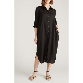 Universal Standard Odeon Long Sleeve Stretch Linen Blend Shirtdress in Black at Nordstrom, Size 3Xl