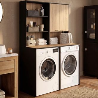IDMarket Mueble Para 2 Lavadoras Wallis Con Armario Y Estantes En Negro Y Madera Con Acabado De Haya