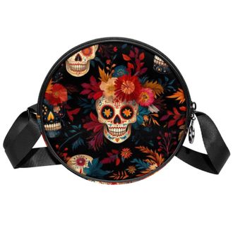 Generic Circle Crossbody Bag for Women, Colorful Skull Floral Small Sling Bag Daypack with Zipper Adjustable Shoulder Straps Casual Ladies Girls Round Purse