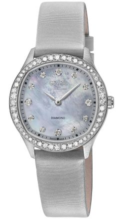 Gevril Group Womens Morcote Swiss Diamond Watch, 316L SS Case, Grey MOP, Handmade Italian Leather Strap - Silver