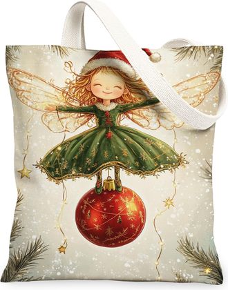Generic Christmas Fairy Canvas Tote Bags, Vintage Fanciful Design Reusable Grocery Bags, Holiday Lightweight Washable Shoulder Stra, Green, 13x15 Inch