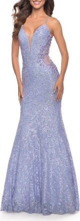 La Femme Mermaid Beaded Lace Prom Dress with Illusion Sides in Light Periwinkle at Nordstrom, Size 4