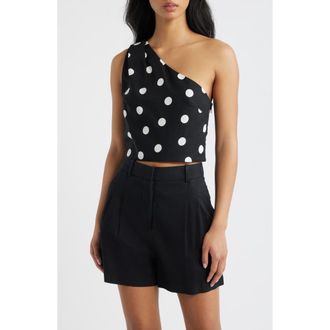 Mango Abrei Polka Dot One Shoulder Crop Top in Black at Nordstrom, Size Medium