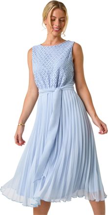 Roman Womens Petite Lace Pleat Midi Dress - Blue - Size 14 UK