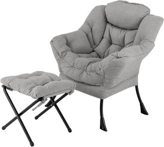 Costway Lazy Chair Modern Accent Chair with Ottoman & Folding Footrest-Grey