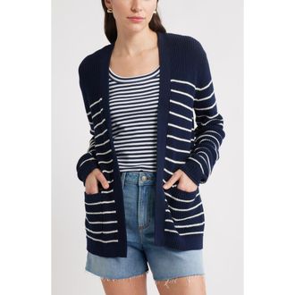 Caslon Shaker Stitch Pima Cotton Cardigan in Navy Blazer- Ivory Jana Stripe at Nordstrom Rack, Size X-Small