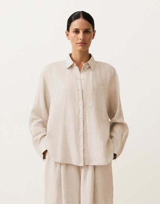 Oysho Camicia comoda in 100% lino color sabbia m&eacute;lange-Marrone