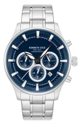 Kenneth Cole The Thompson Blue Chronograph Bracelet Watch, 43.5mm in Silver at Nordstrom
