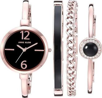 Anne Klein Rose Gold-Tone Black Dial Bangle Set Ladies Watch