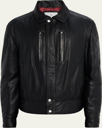 Brunello Cucinelli Mens Leather Full-Zip Bomber Jacket with Chest Zips