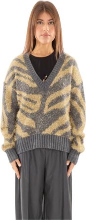 BABYLON Animalier V-Neck Sweater in Grigio - Dames - V-hals truien - Veelkleurig - L - Truien & Vesten