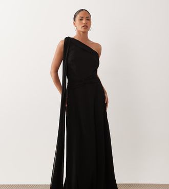 Tfnc Petite Vestito lungo monospalla in chiffon nero drappeggiato con dettaglio attorcigliato in vita