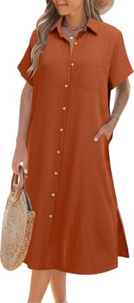 Zeagoo Summer Dress for Women Long Button Dresses Solid Color Short Sleeve Shirt-Dress Ladies Midi-Dresses Caramel XL