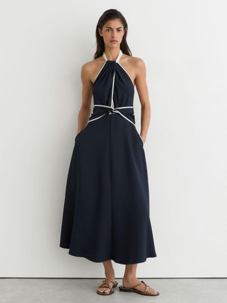 Reiss Petite Contrast-trim Halterneck Midi Dress, 16