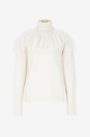 Twinset Pullover mit Stehkragen aus Wolle und Kaschmir mit Spitzenr&uuml;sche