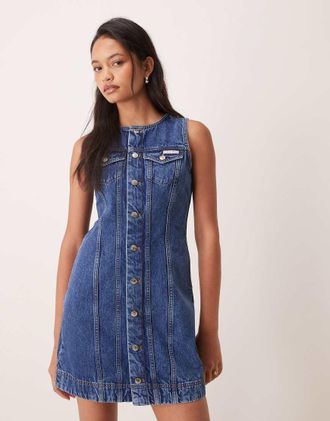 Calvin Klein Jeans Vestito corto in denim blu con bottoni