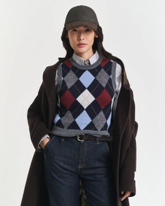 GANT Women Argyle Crew Neck Vest (XXL) CHARCOAL MELANGE