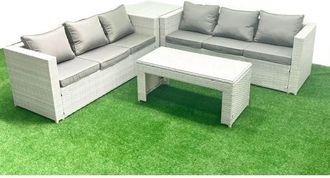 Fimous 6 Seater Garden Outdoor Rattan Furniture Set Rattan Garden Sofa Oblong Coffee Table with Side Table Light Grey Mixed - Fimous