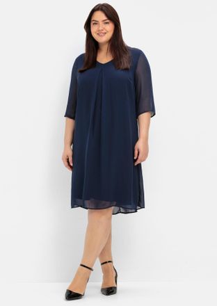 Sheego Chiffonkleid SHEEGO Cocktailkleid, Damen, Gr. 46, Normalgr&ouml;ssen, blau (marine), 100% Polyester, unifarben, knielang, V-Ausschnitt, Kleider Chiffonklei
