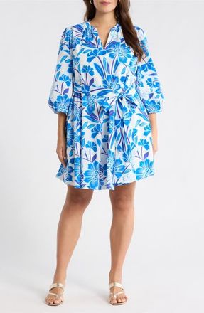 Sugarlips Iva Floral Pismo Balloon Sleeve Minidress in White-Blue-Multi at Nordstrom, Size 1X