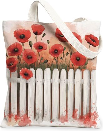 Generic Spring Poppy Fence Flower Canvas Tote Bag for Shopping 13x15, Farmhouse Cute Floral Reusable Grocery Print Pattern Bag for Women Men, Fun Country Aest