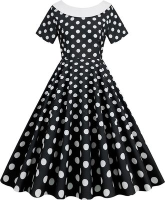 Generic 50s Dress Women 1950s Vintage Retro Rockabilly Dress Lapel V-Neck Slim A-line 50s 60s Pinup Audrey Hepburn Style Polka Dot Swing Dresses Summer Casual