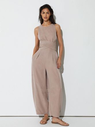 Reiss Womens Yasmin Taupe Neutral Lyocell Cross-back Barrel-leg Jumpsuit, 12