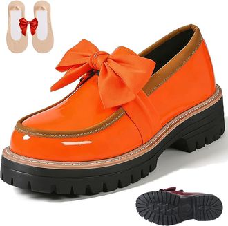 Generic Womens Bowknot Thick Sole Loafers, Womens Patent Leather Bowknot Chunky Platform Loafers - Casual Dress Shoes for Office Business Work Everyday Wear (