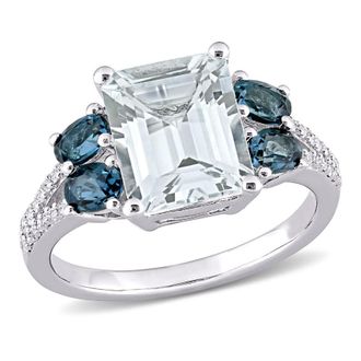 Amour 4 CT TGW Ice Aquamarine and London-blue Topaz with 1/10 CT TW Diamond Ring In Sterling Silver