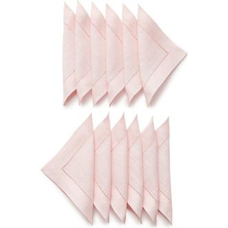 Solino Home Linen Cocktail Napkins Set of 12, 6 x 6 Inch for Dining Table, Holiday and Everyday Table Decor - Classic Hemstitch in Pink at Nordstrom