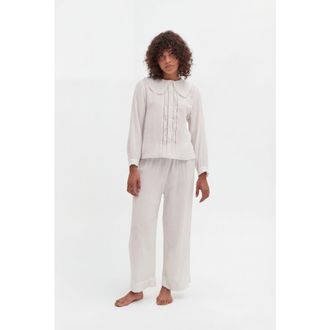 Desmond & Dempsey Fancy Collar & Pocket Trouser Pajama Set in White at Nordstrom, Size X-Small Uk
