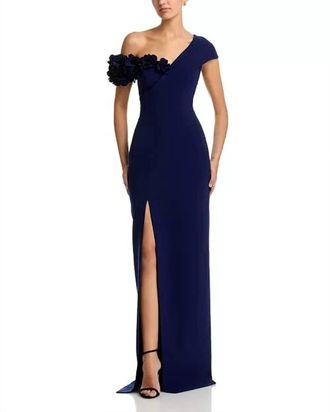 Teri Jon Stretch Crepe 3D Flower Asymmetric Neck Gown In Blue