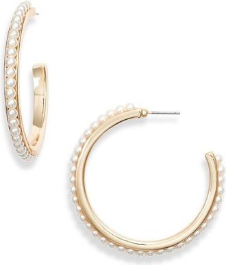 Rachel Parcell Imitation Pearl Hoop Earrings in White- Gold at Nordstrom