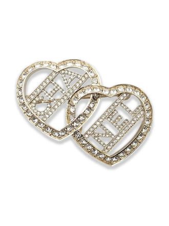 Chanel 2023 Gold Plated Rhinestones Logo Double Heart Brooch costume brooch - women - Gold Plated/Gold Plated Brass/Rhinestone - One Size