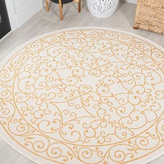 Jonathan Y Designs Charleston Vintage Filigree Textured Weave Indoor/Outdoor Round Area Rug in Cream/yellow at Nordstrom, Size 5Ft 0In X 5Ft 0In