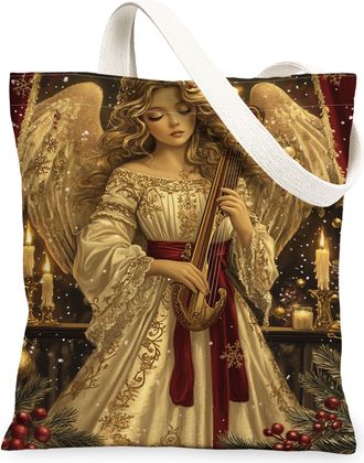 Generic Christmas Angel Canvas Tote Bags, Vintage Holiday Design Reusable Grocery Bags, Festive Lightweight Washable Shoulder Strap, Beige, 13x15 Inch