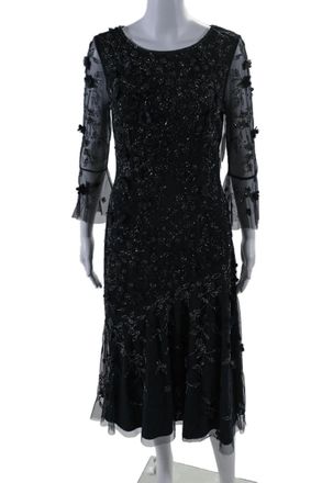Theia Womens Navy Floral Detail Beaded Crew Neck Long Sleeve Shift Dress